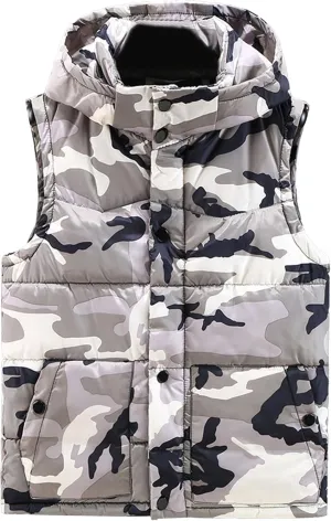 JEsilunmaMY Men's Sleeveless Camo Puffer Vest with Hood Fashion Sleeveless Sports Vest Jacket Casual Cotton Padded Vest Coats
