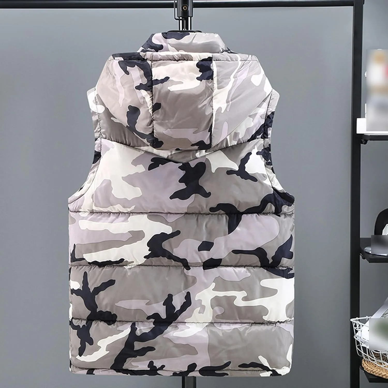 JEsilunmaMY Men's Sleeveless Camo Puffer Vest with Hood Fashion Sleeveless Sports Vest Jacket Casual Cotton Padded Vest Coats