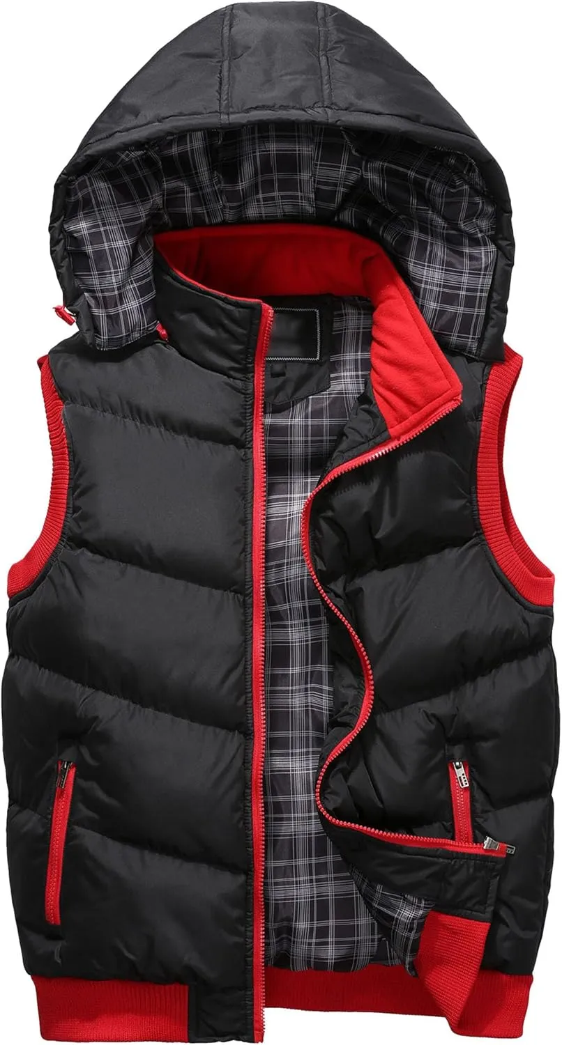 JEsilunmaMY Men's Solid Color Flannel Puffer Vest Sleeveless Down Vest with Detachable Hood Casual Cotton Padded Vest Coats