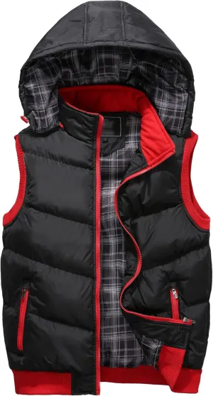 JEsilunmaMY Men's Solid Color Flannel Puffer Vest Sleeveless Down Vest with Detachable Hood Casual Cotton Padded Vest Coats