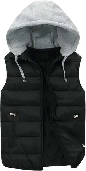 JEsilunmaMY Men's Winter Puffer Vest with Detachable Hood Sleeveless Thicken Warm Cotton Down Vest Casual Padded Vest Coats