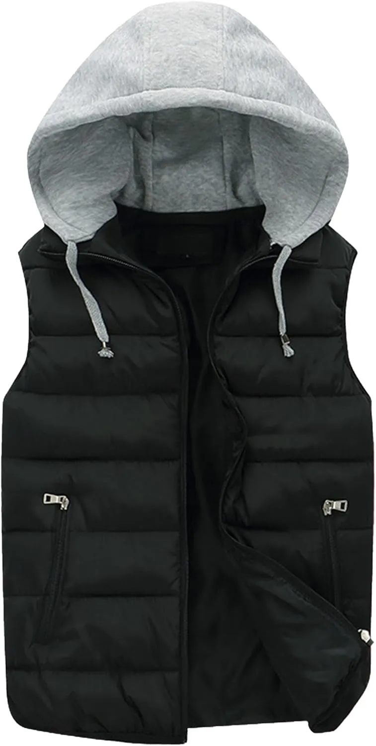 JEsilunmaMY Men's Winter Puffer Vest with Detachable Hood Sleeveless Thicken Warm Cotton Down Vest Casual Padded Vest Coats