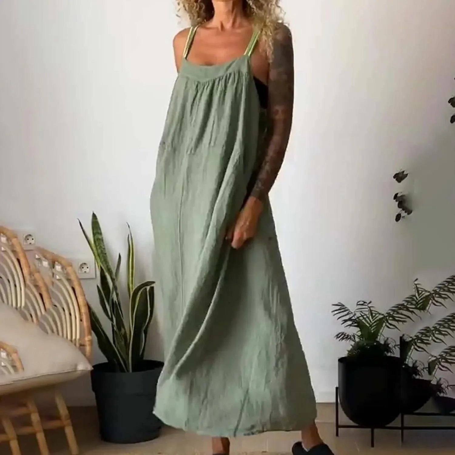 Linen Dresses for Women 2025 Spaghetti Strap Plus Size Cotton Clothes Soft Plus Size Beach Coverup Sundresses
