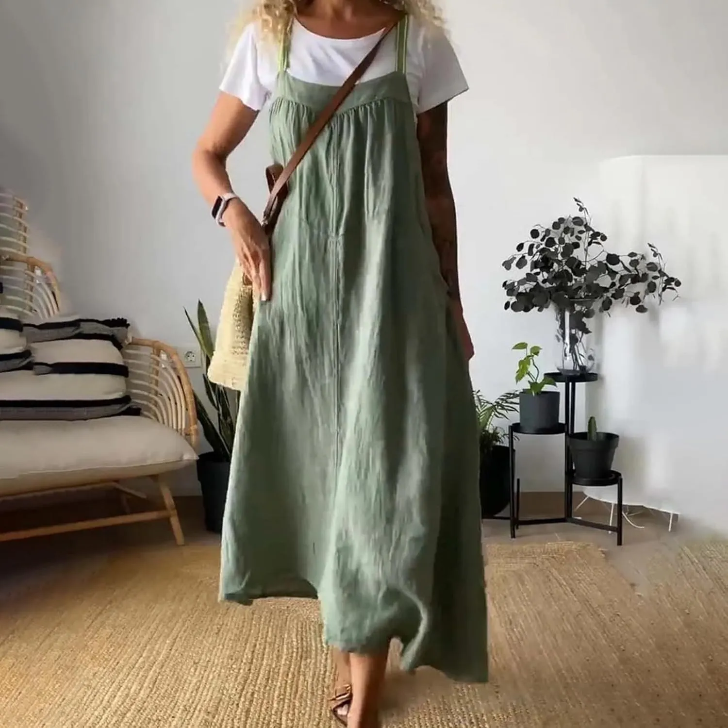 Linen Dresses for Women 2025 Spaghetti Strap Plus Size Cotton Clothes Soft Plus Size Beach Coverup Sundresses