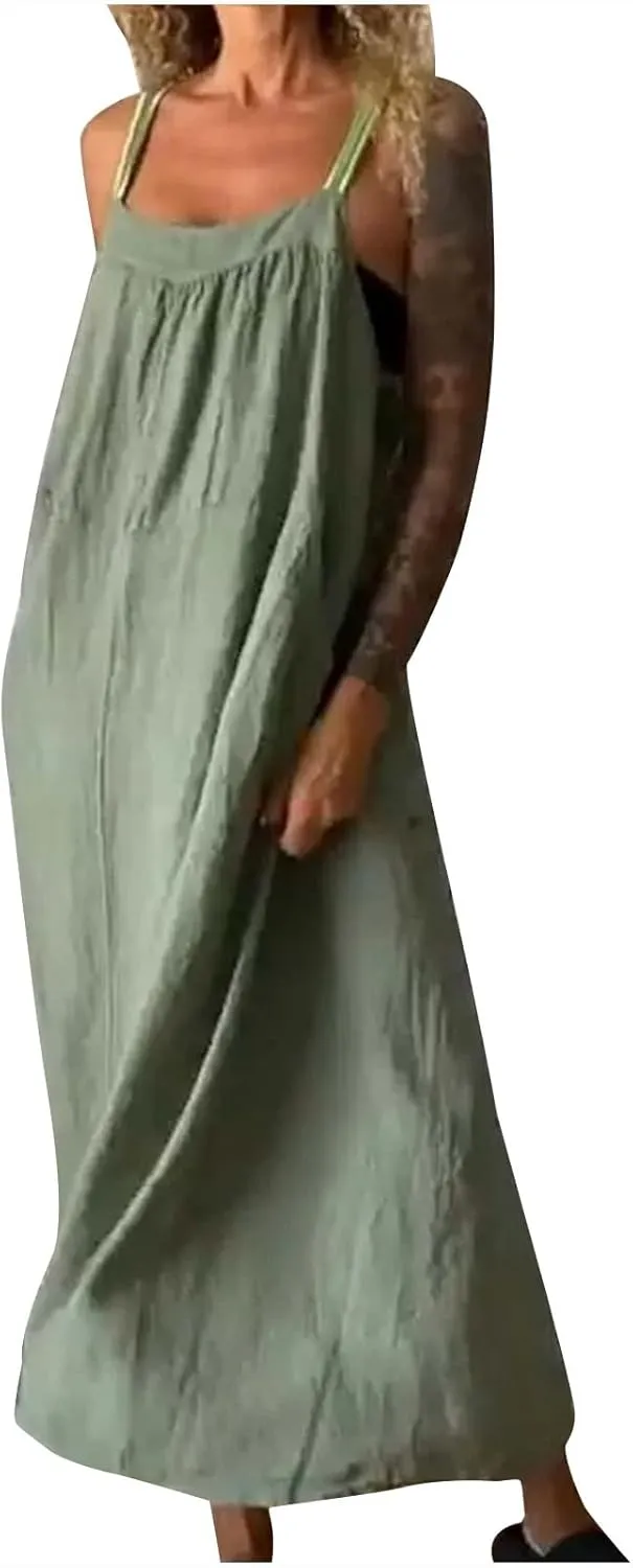 Linen Dresses for Women 2025 Spaghetti Strap Plus Size Cotton Clothes Soft Plus Size Beach Coverup Sundresses