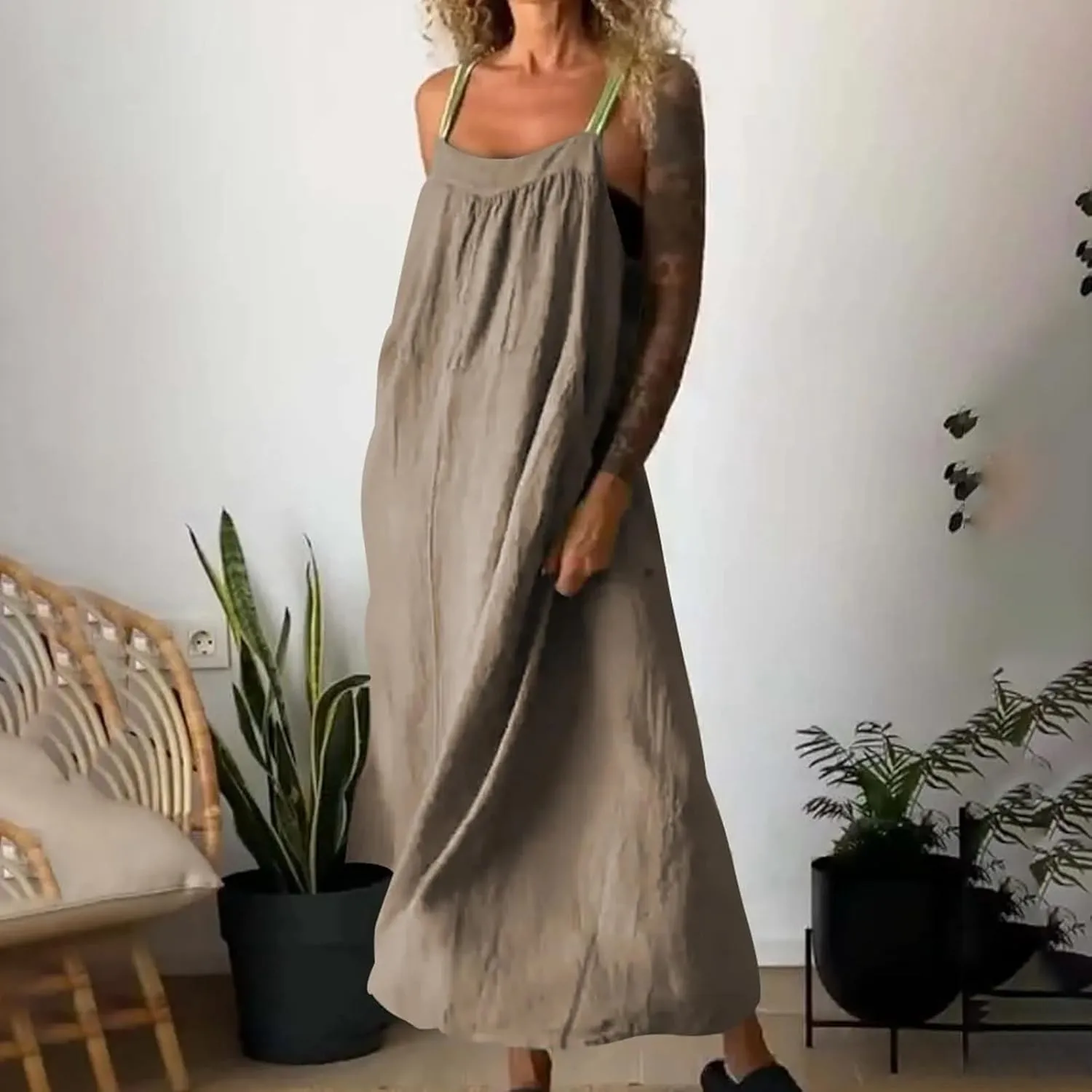 Linen Dresses for Women 2025 Spaghetti Strap Plus Size Cotton Clothes Soft Plus Size Beach Coverup Sundresses