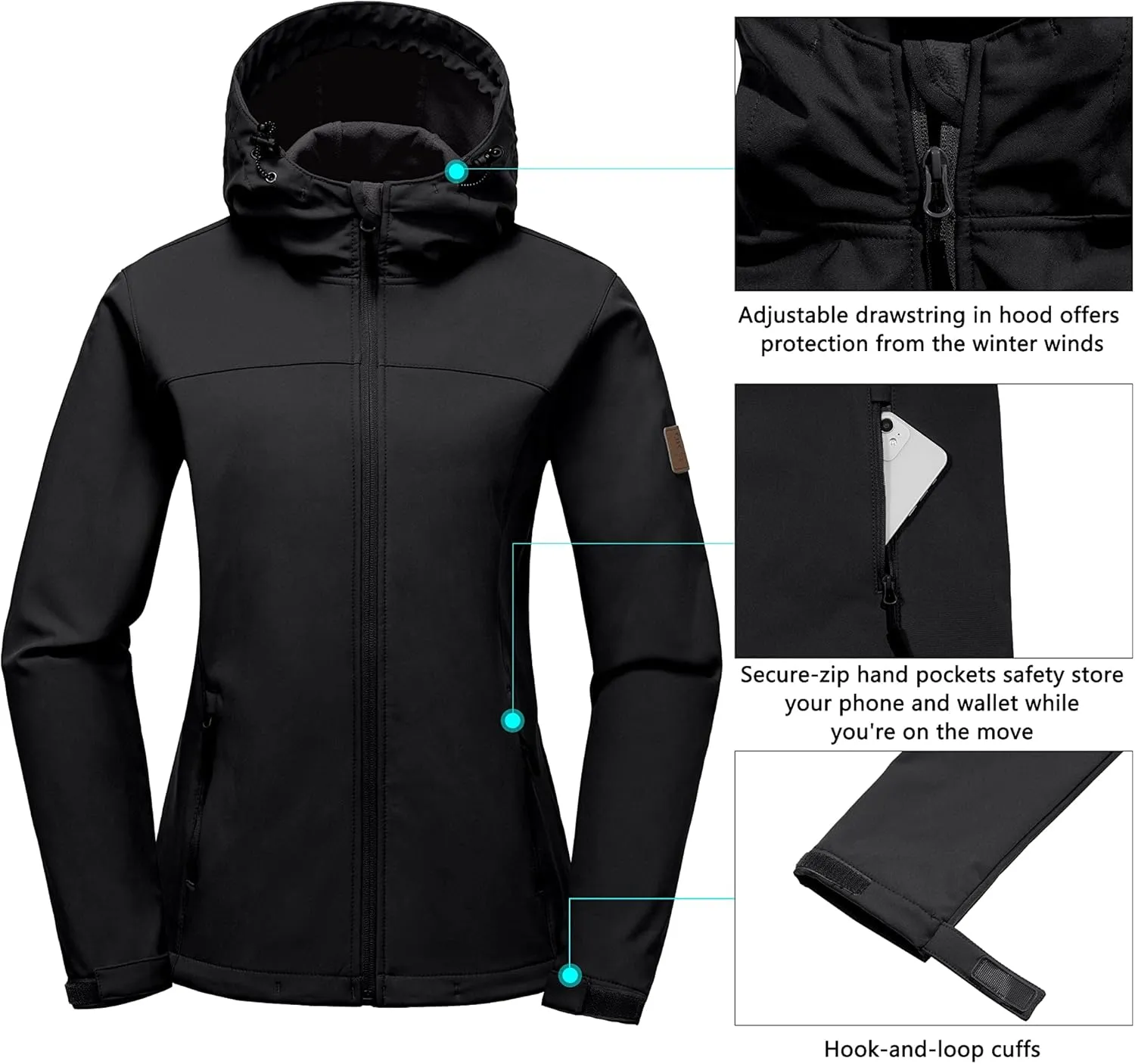 Little Donkey Andy Women's Softshell Jacket Hooded Windproof Fleece Lined Jackets, Lightweight