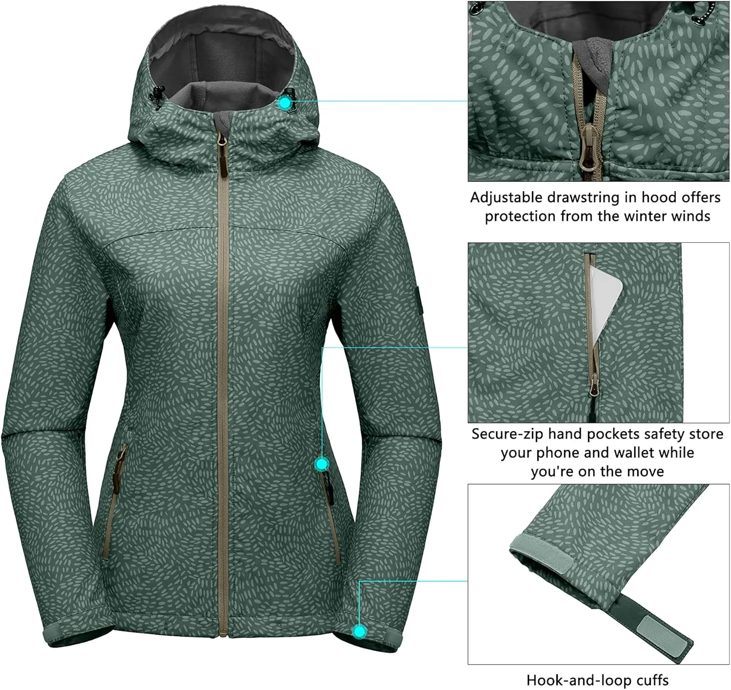 Little Donkey Andy Women's Softshell Jacket Hooded Windproof Fleece Lined Jackets, Lightweight