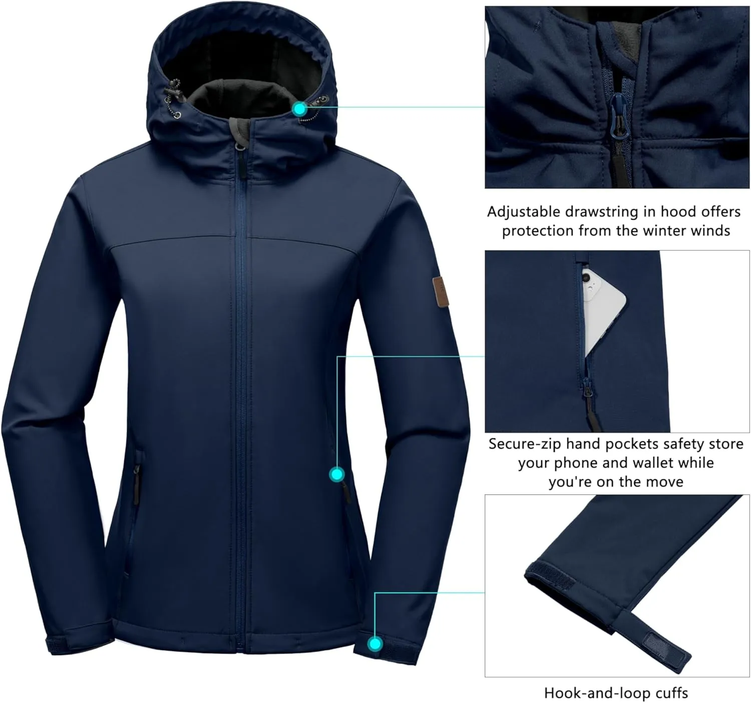 Little Donkey Andy Women's Softshell Jacket Hooded Windproof Fleece Lined Jackets, Lightweight
