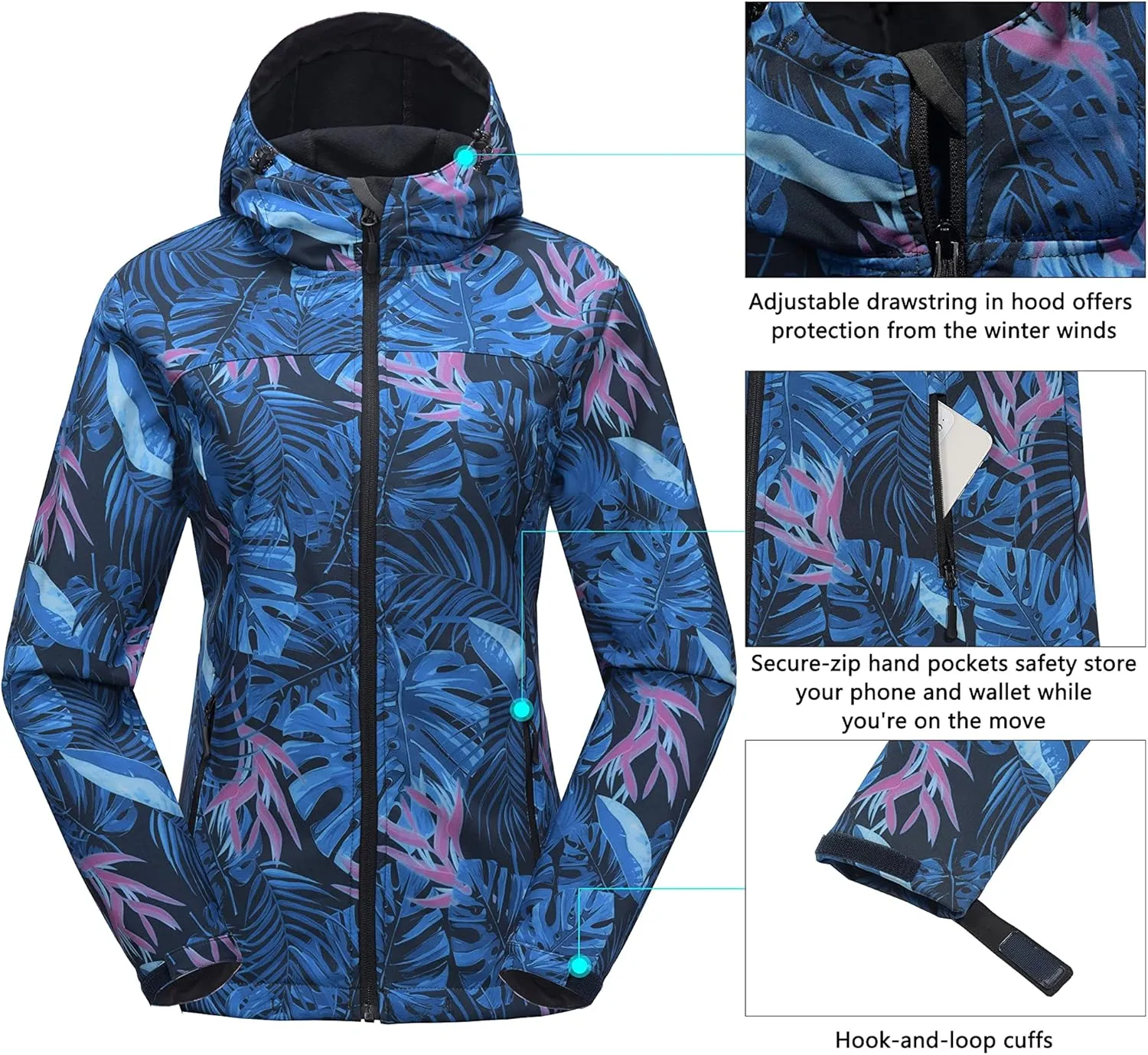 Little Donkey Andy Women's Softshell Jacket Hooded Windproof Fleece Lined Jackets, Lightweight