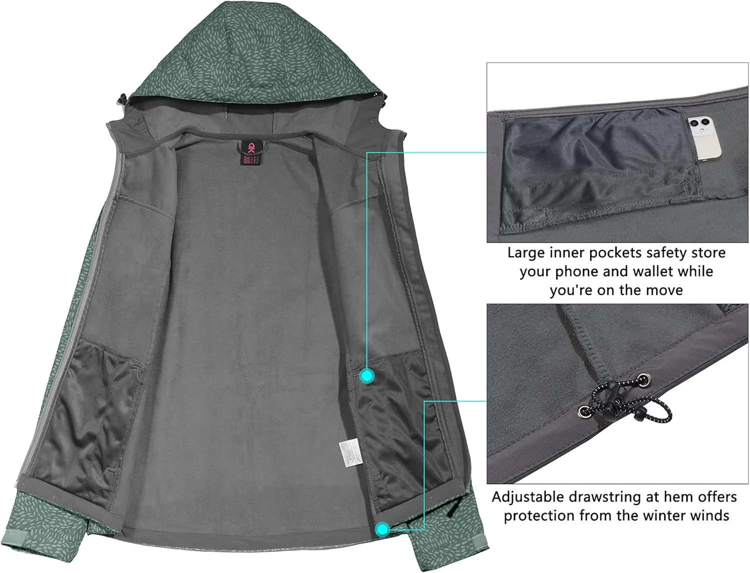 Little Donkey Andy Women's Softshell Jacket Hooded Windproof Fleece Lined Jackets, Lightweight