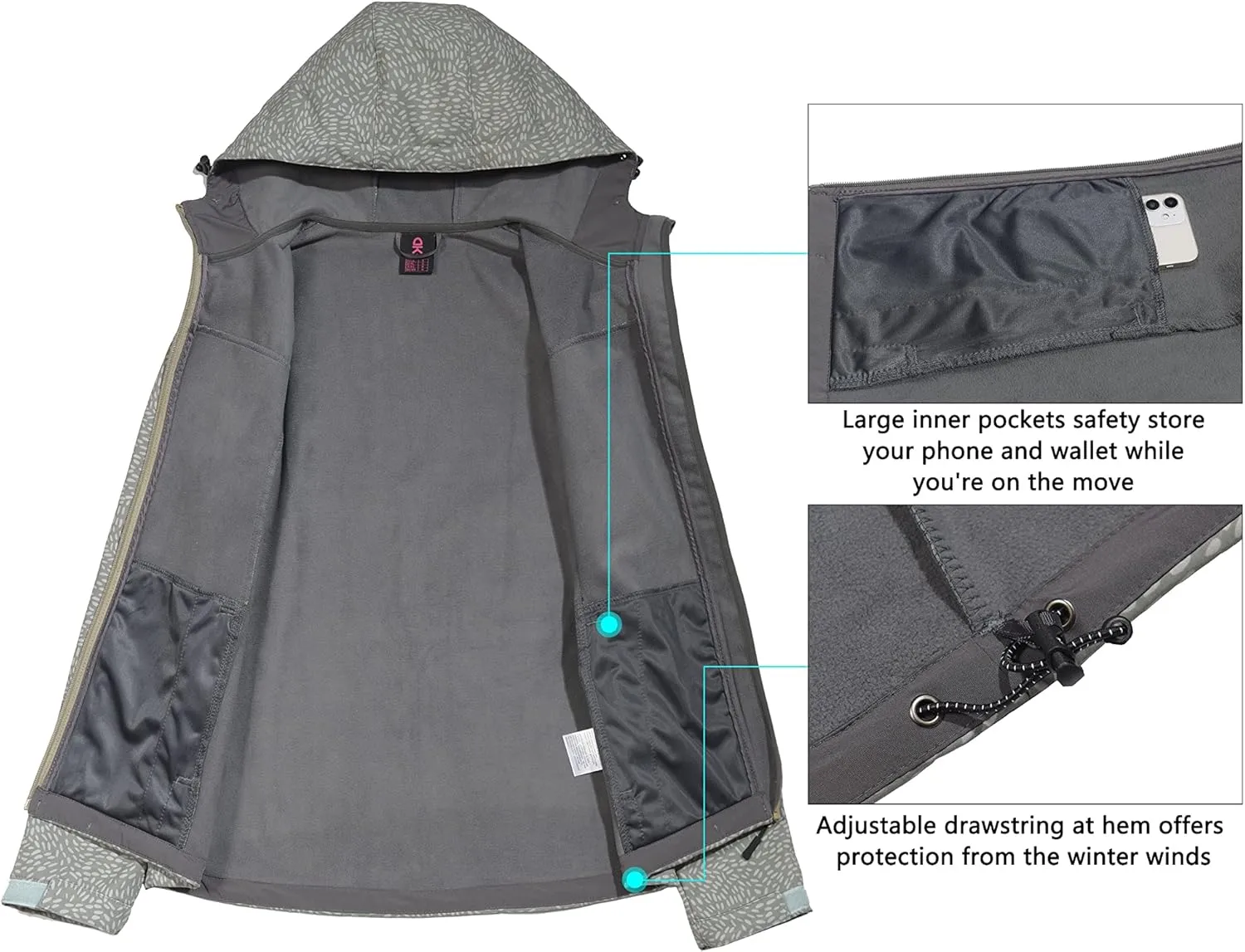 Little Donkey Andy Women's Softshell Jacket Hooded Windproof Fleece Lined Jackets, Lightweight