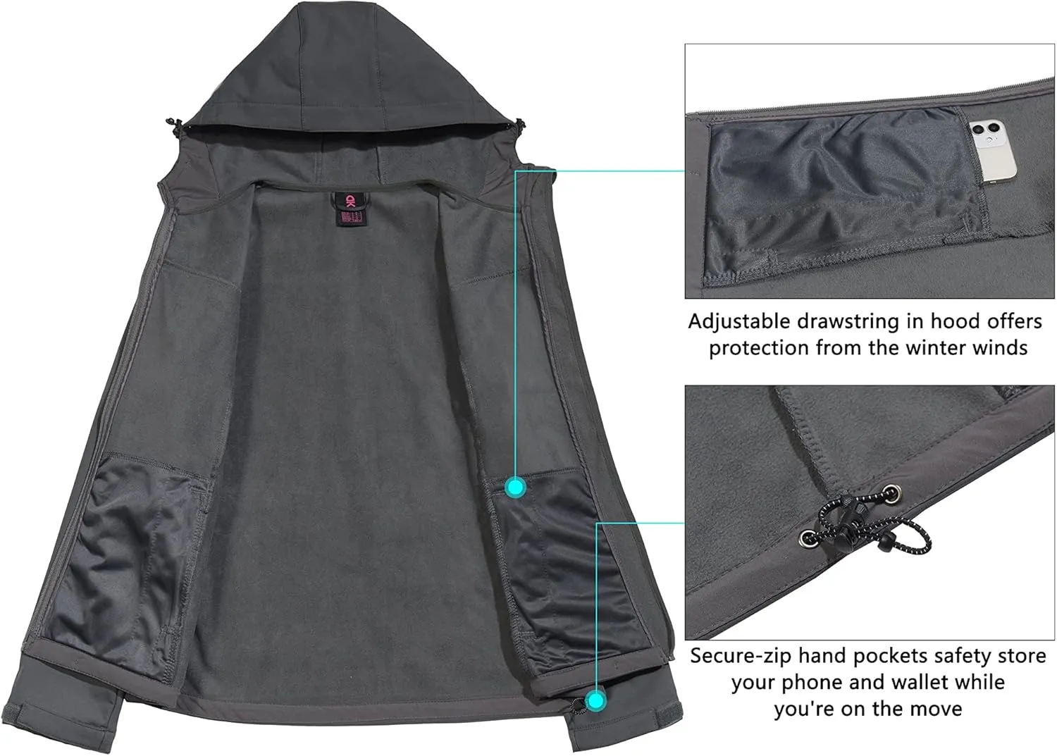 Little Donkey Andy Women's Softshell Jacket Hooded Windproof Fleece Lined Jackets, Lightweight