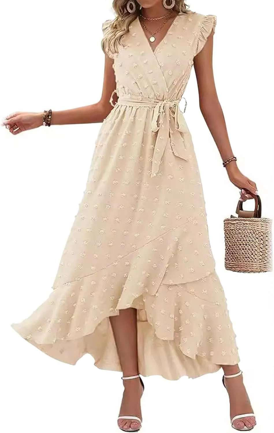 Long Dresses for Women Casual Loose Soft Flowy V Neck Sleeveless Wrap Dress Summer Asymmetrical Slit Maxi Sundress