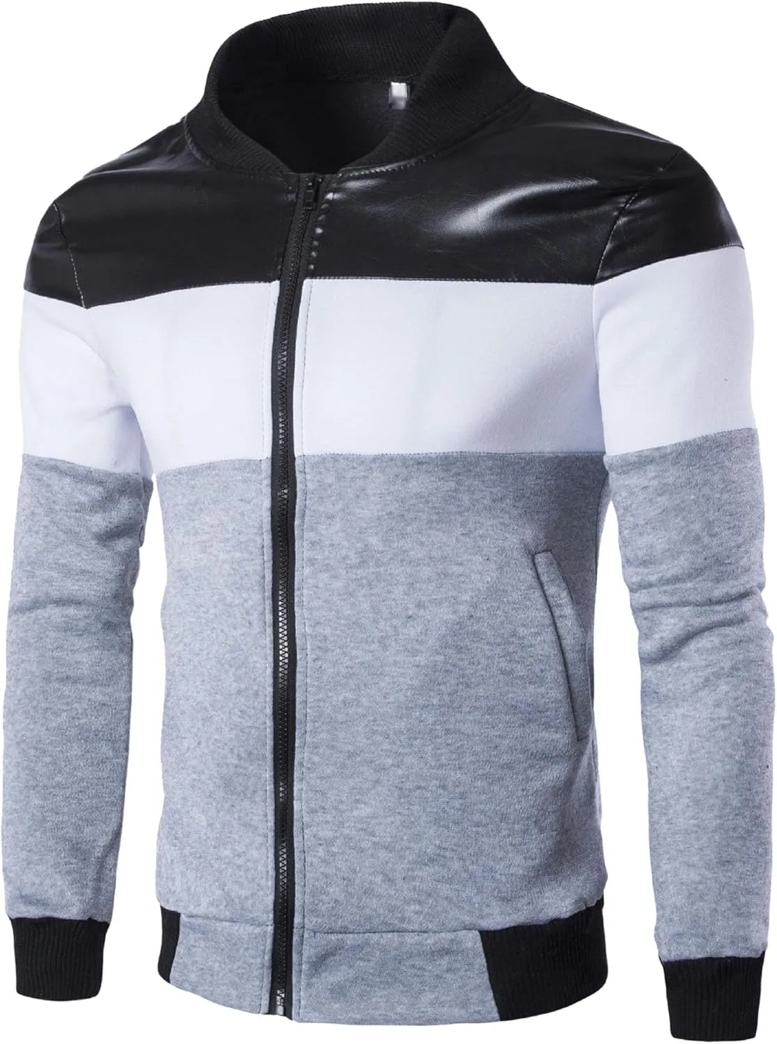 Men's Full Zip Varsity Jacket Faux Leather Casual Baseball Jackets Stand Collar Slim Fit Bomber Coat