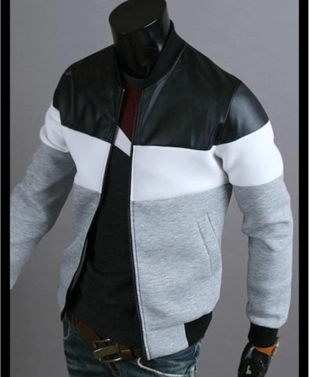 Men's Full Zip Varsity Jacket Faux Leather Casual Baseball Jackets Stand Collar Slim Fit Bomber Coat