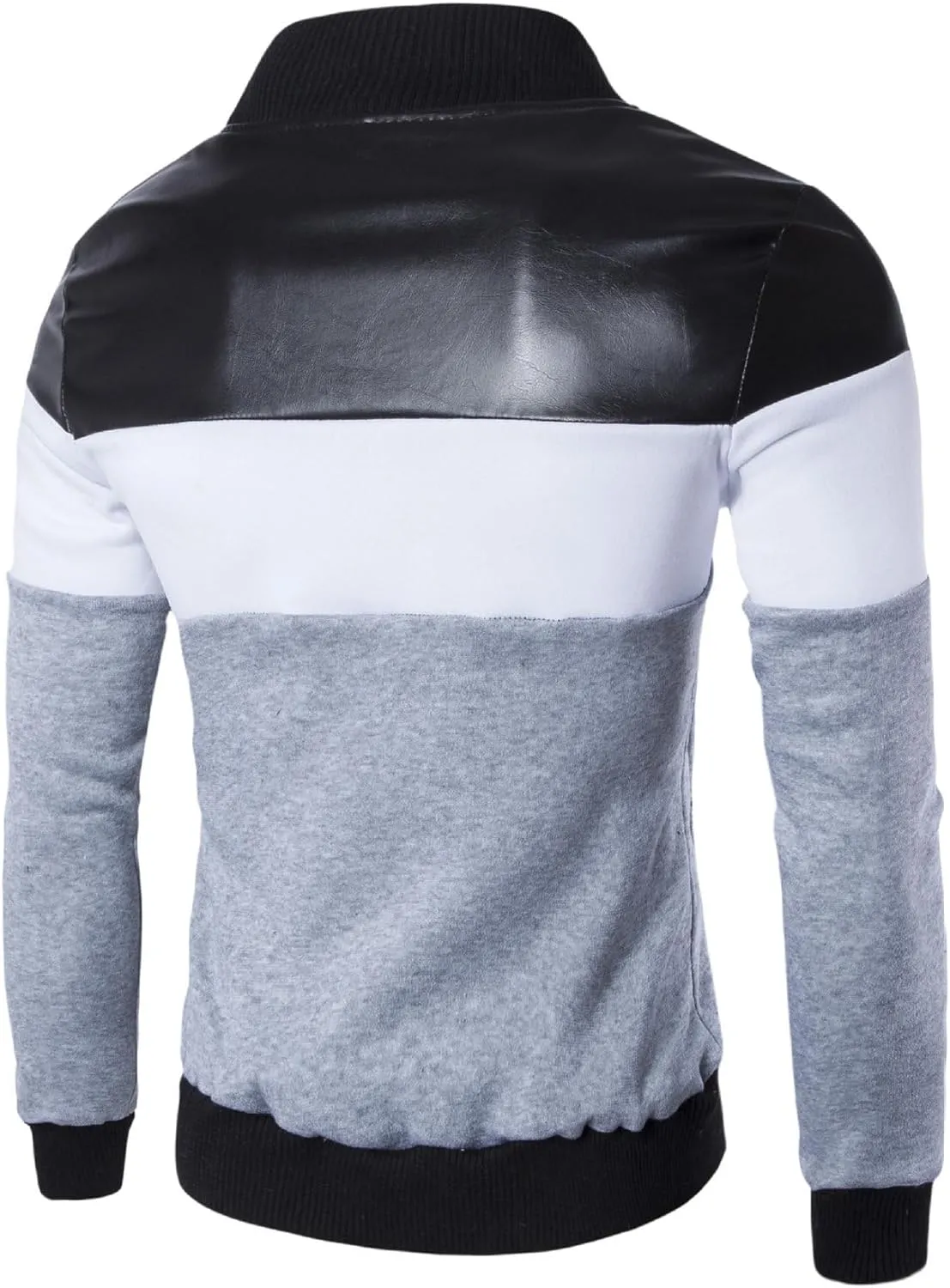 Men's Full Zip Varsity Jacket Faux Leather Casual Baseball Jackets Stand Collar Slim Fit Bomber Coat