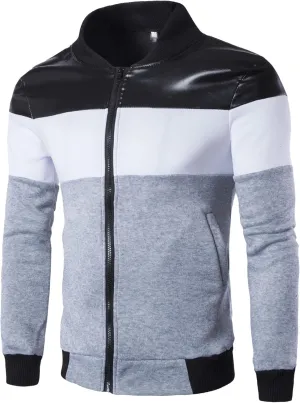 Men's Full Zip Varsity Jacket Faux Leather Casual Baseball Jackets Stand Collar Slim Fit Bomber Coat
