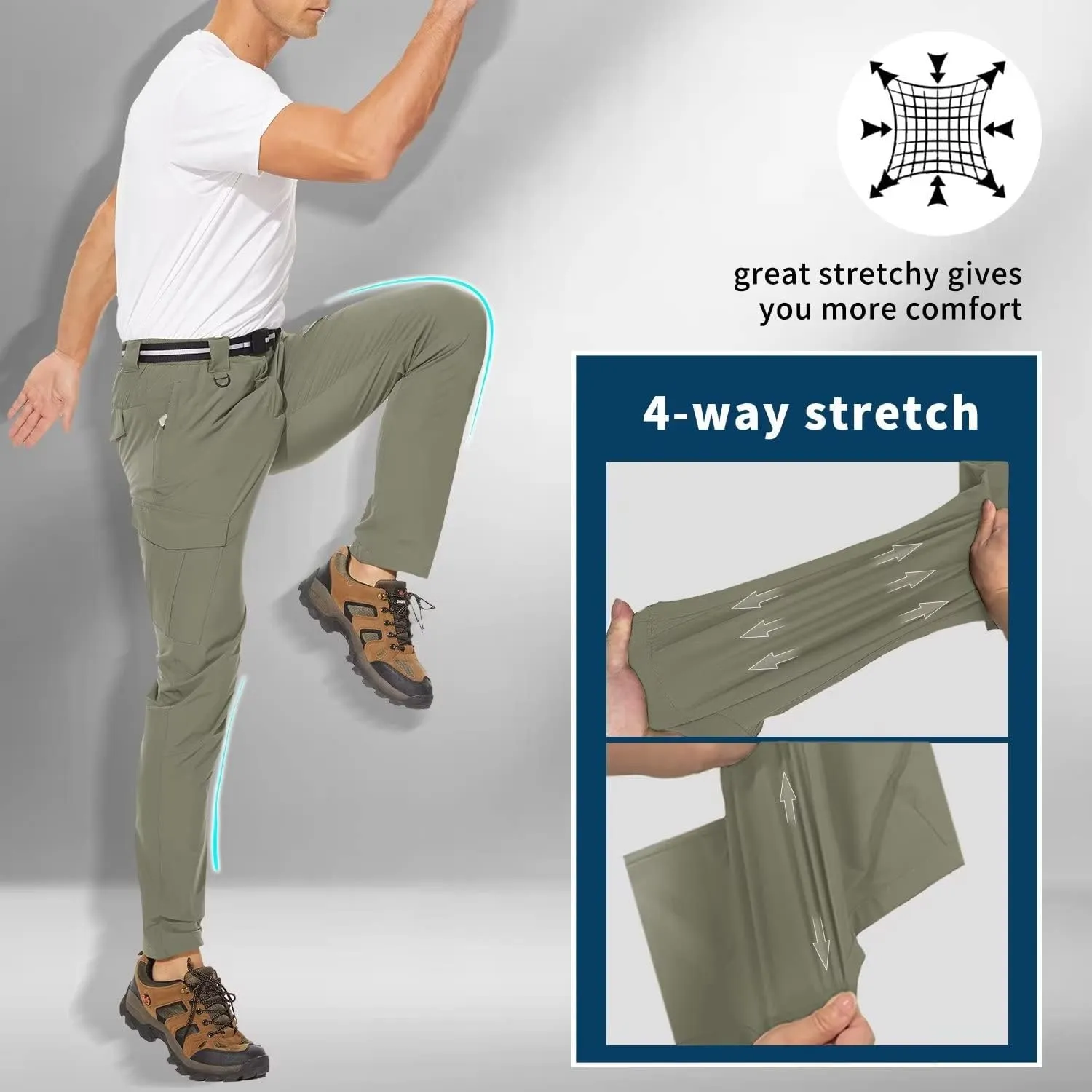 Men's Outdoor Hiking Pants, Quick Dry,Waterproof,Lightweight Fit Cargo Work & Fishing Pants with 6 Pockets and Belt