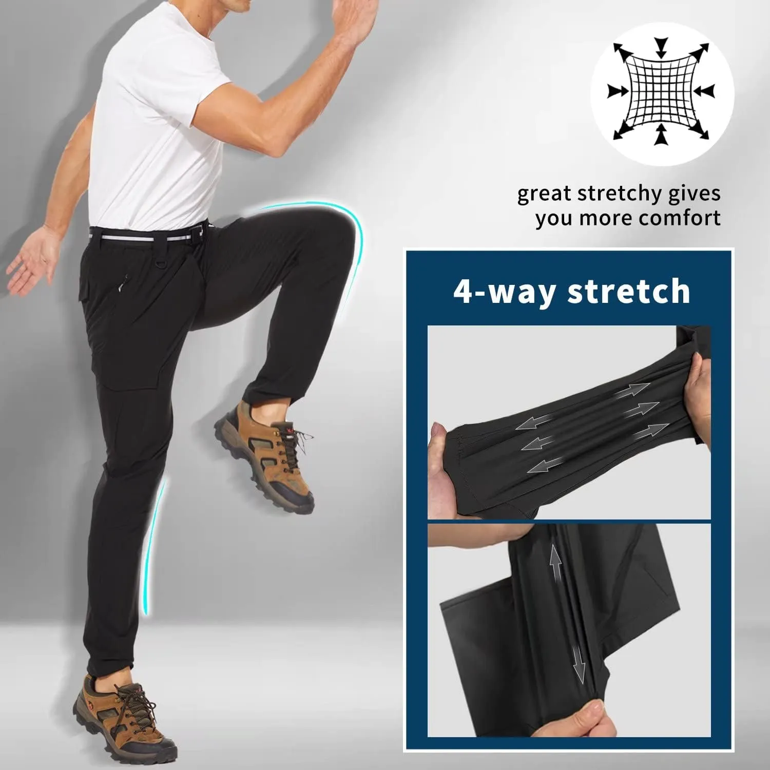 Men's Outdoor Hiking Pants, Quick Dry,Waterproof,Lightweight Fit Cargo Work & Fishing Pants with 6 Pockets and Belt