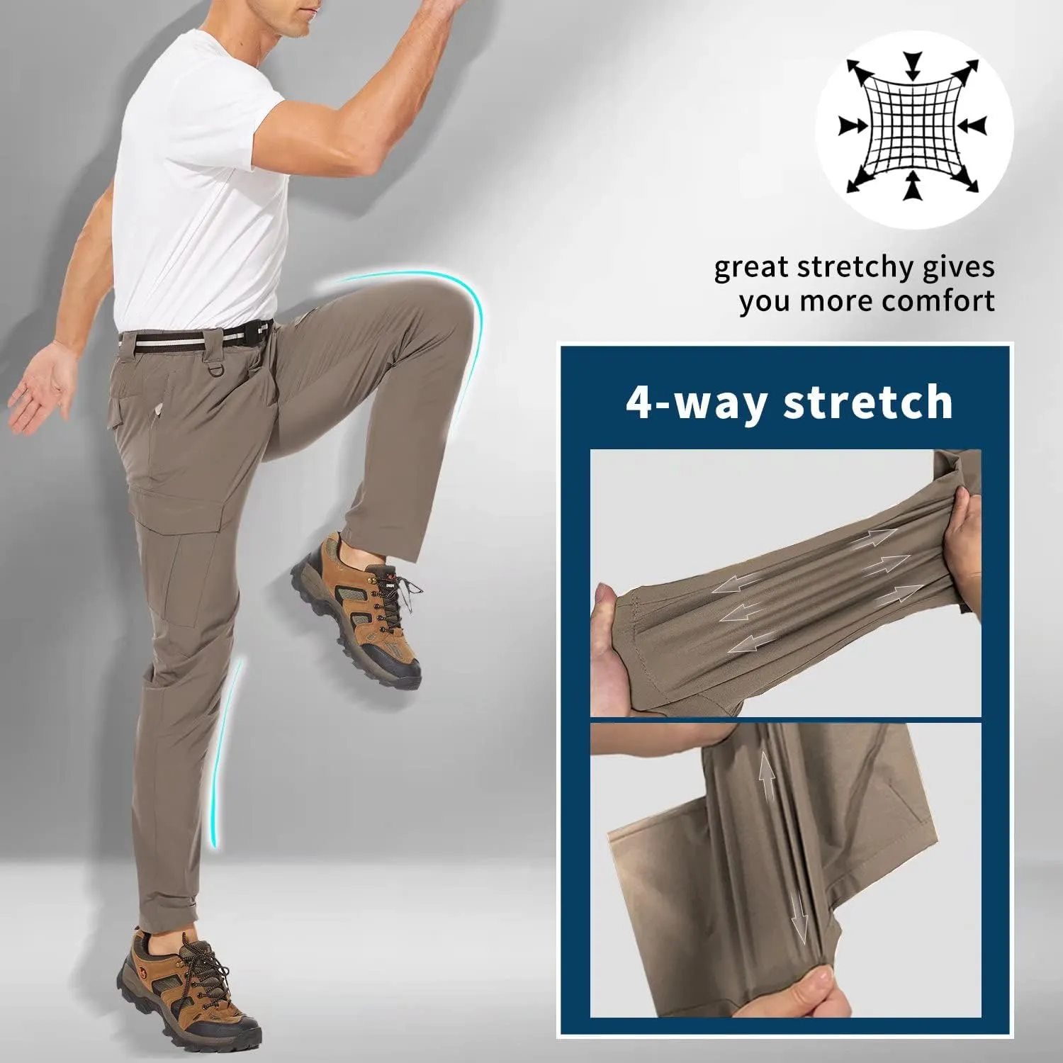 Men's Outdoor Hiking Pants, Quick Dry,Waterproof,Lightweight Fit Cargo Work & Fishing Pants with 6 Pockets and Belt