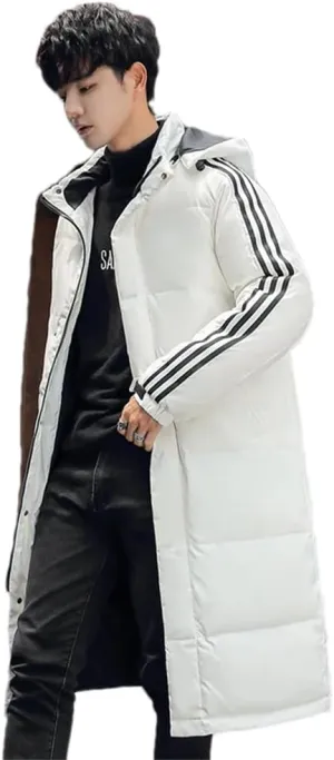 Men's Thicken Long Hooded Down Jackets Winter Warm Cotton-Padded Parka Solid Puffer Coat