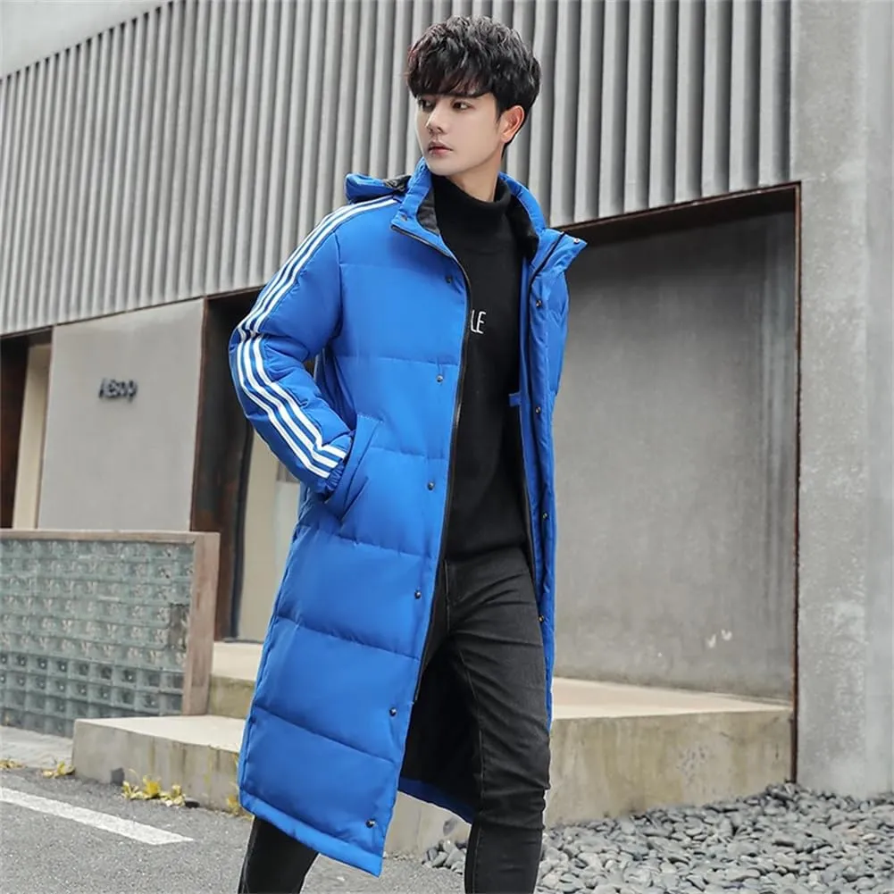 Men's Thicken Long Hooded Down Jackets Winter Warm Cotton-Padded Parka Solid Puffer Coat