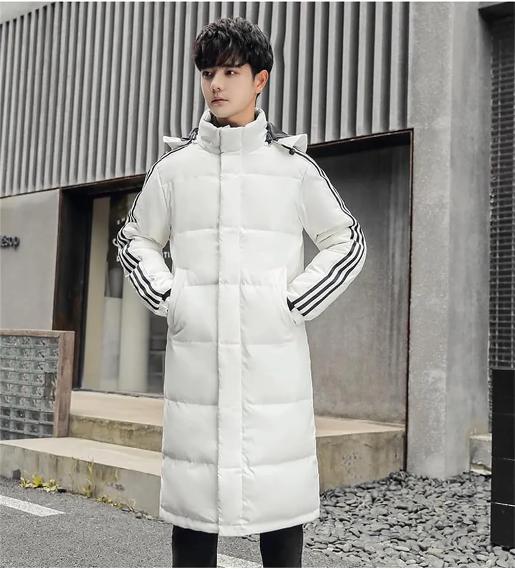 Men's Thicken Long Hooded Down Jackets Winter Warm Cotton-Padded Parka Solid Puffer Coat