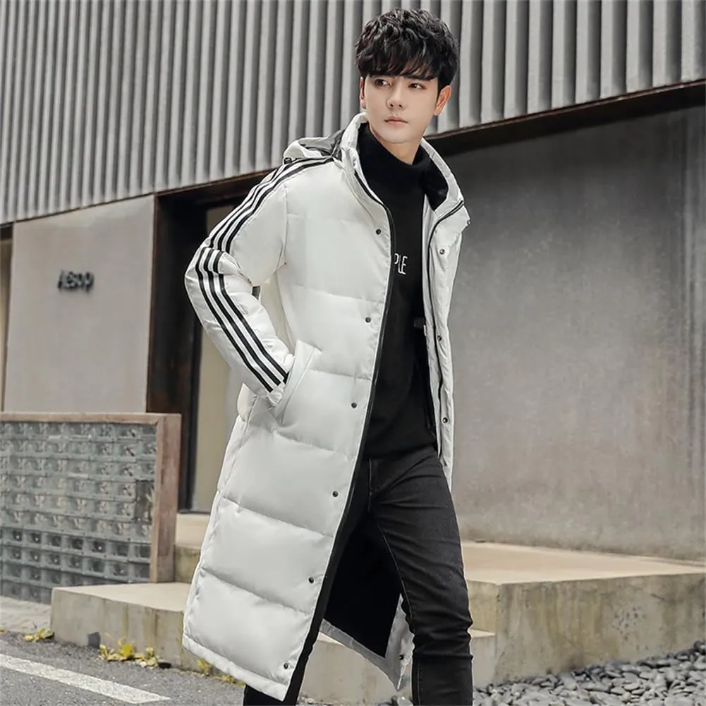 Men's Thicken Long Hooded Down Jackets Winter Warm Cotton-Padded Parka Solid Puffer Coat