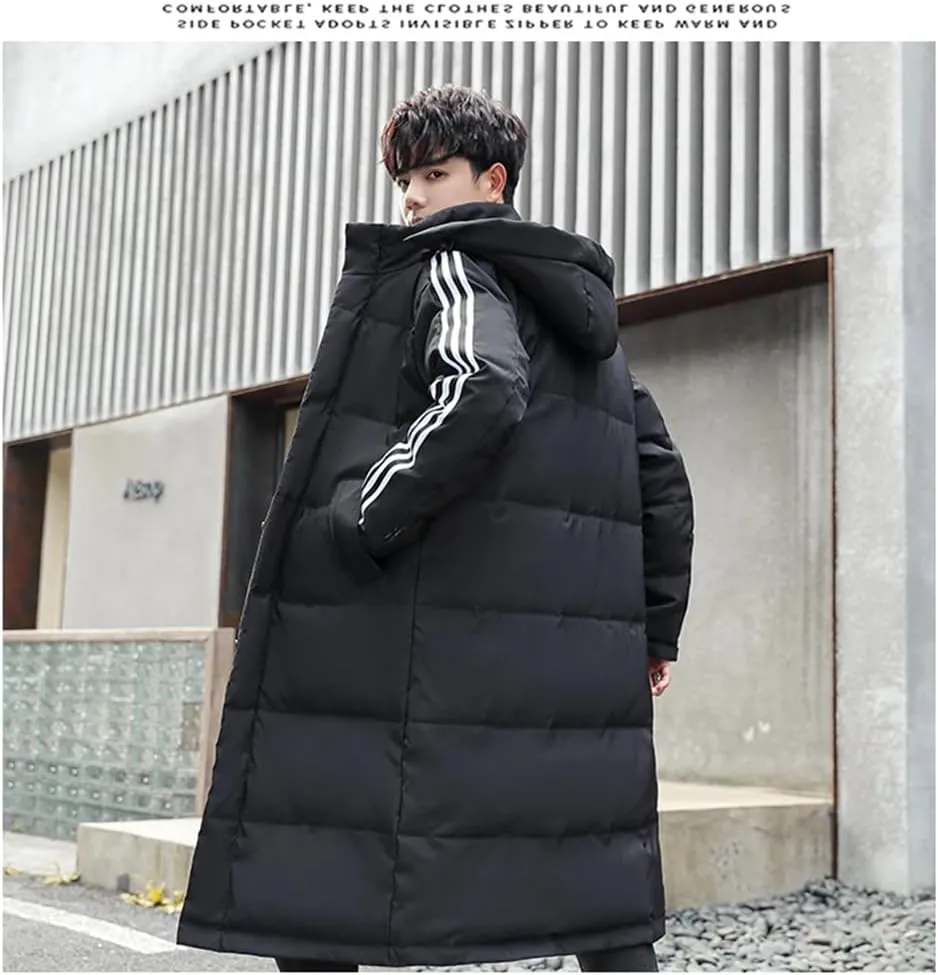 Men's Thicken Long Hooded Down Jackets Winter Warm Cotton-Padded Parka Solid Puffer Coat
