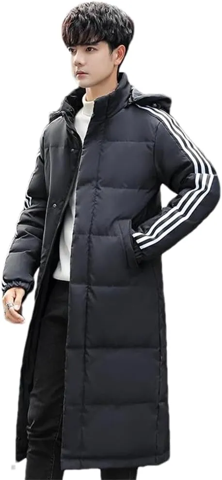 Men's Thicken Long Hooded Down Jackets Winter Warm Cotton-Padded Parka Solid Puffer Coat