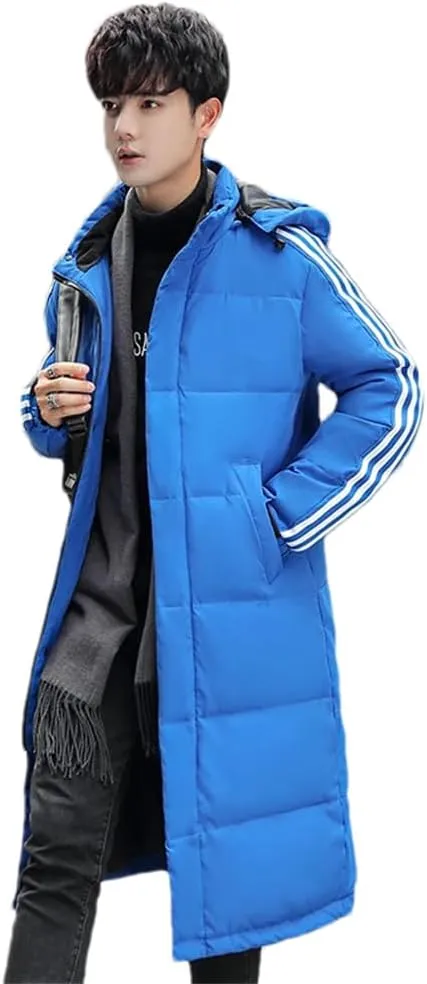 Men's Thicken Long Hooded Down Jackets Winter Warm Cotton-Padded Parka Solid Puffer Coat