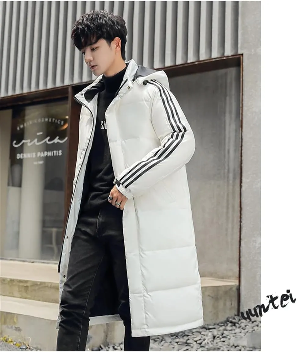 Men's Thicken Long Hooded Down Jackets Winter Warm Cotton-Padded Parka Solid Puffer Coat