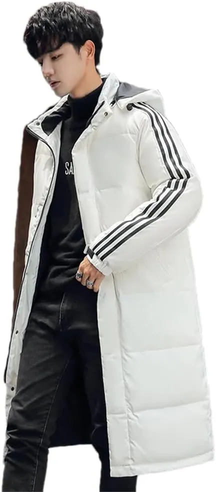 Men's Thicken Long Hooded Down Jackets Winter Warm Cotton-Padded Parka Solid Puffer Coat