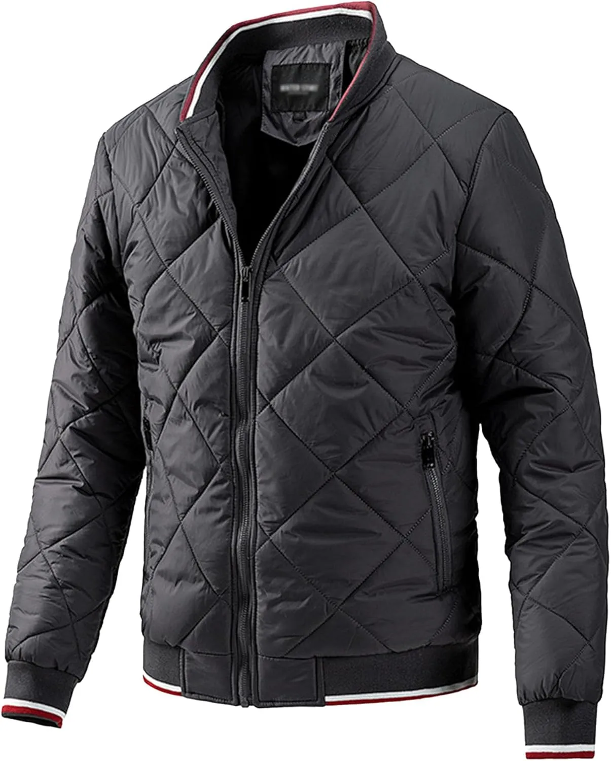 Men's Zip Up Diamond Bomber Jackets Lightweight Casual Cotton Quilted Jacket Warm Padded Coat with Zipper Pocket