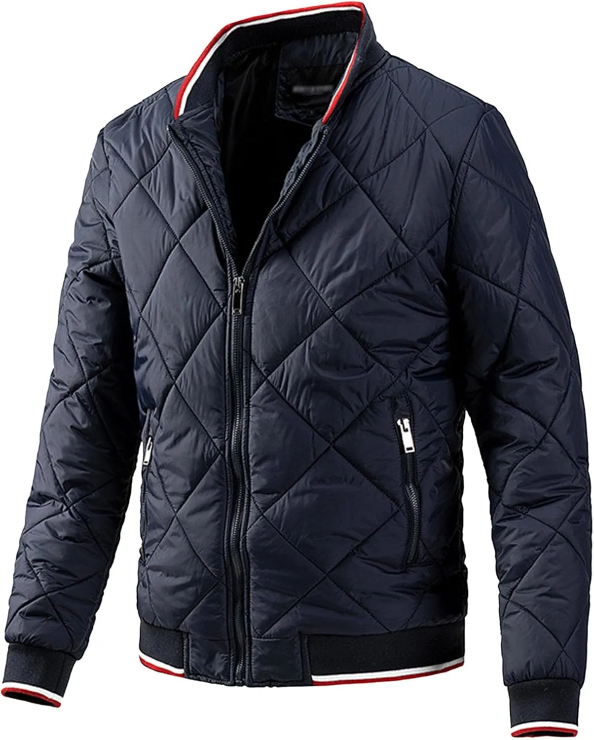Men's Zip Up Diamond Bomber Jackets Lightweight Casual Cotton Quilted Jacket Warm Padded Coat with Zipper Pocket