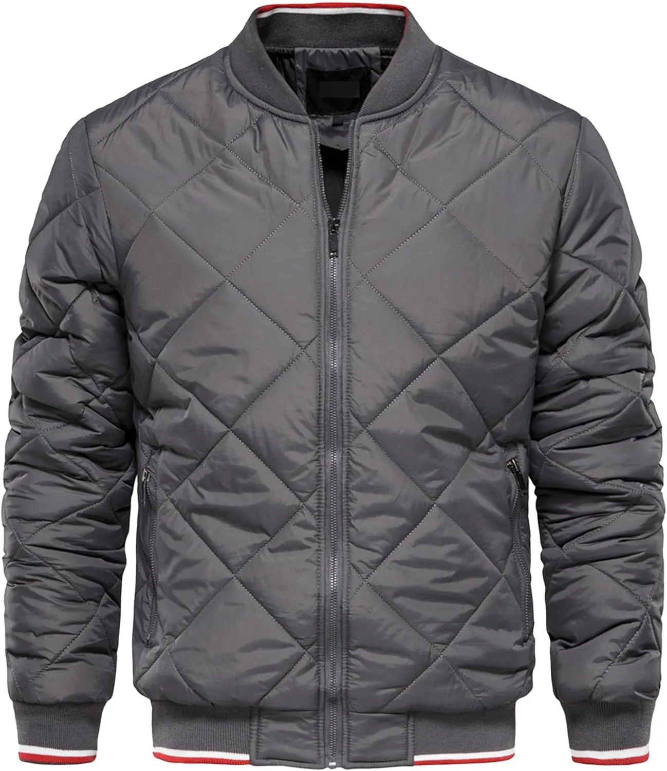 Men's Zip Up Diamond Bomber Jackets Lightweight Casual Cotton Quilted Jacket Warm Padded Coat with Zipper Pocket