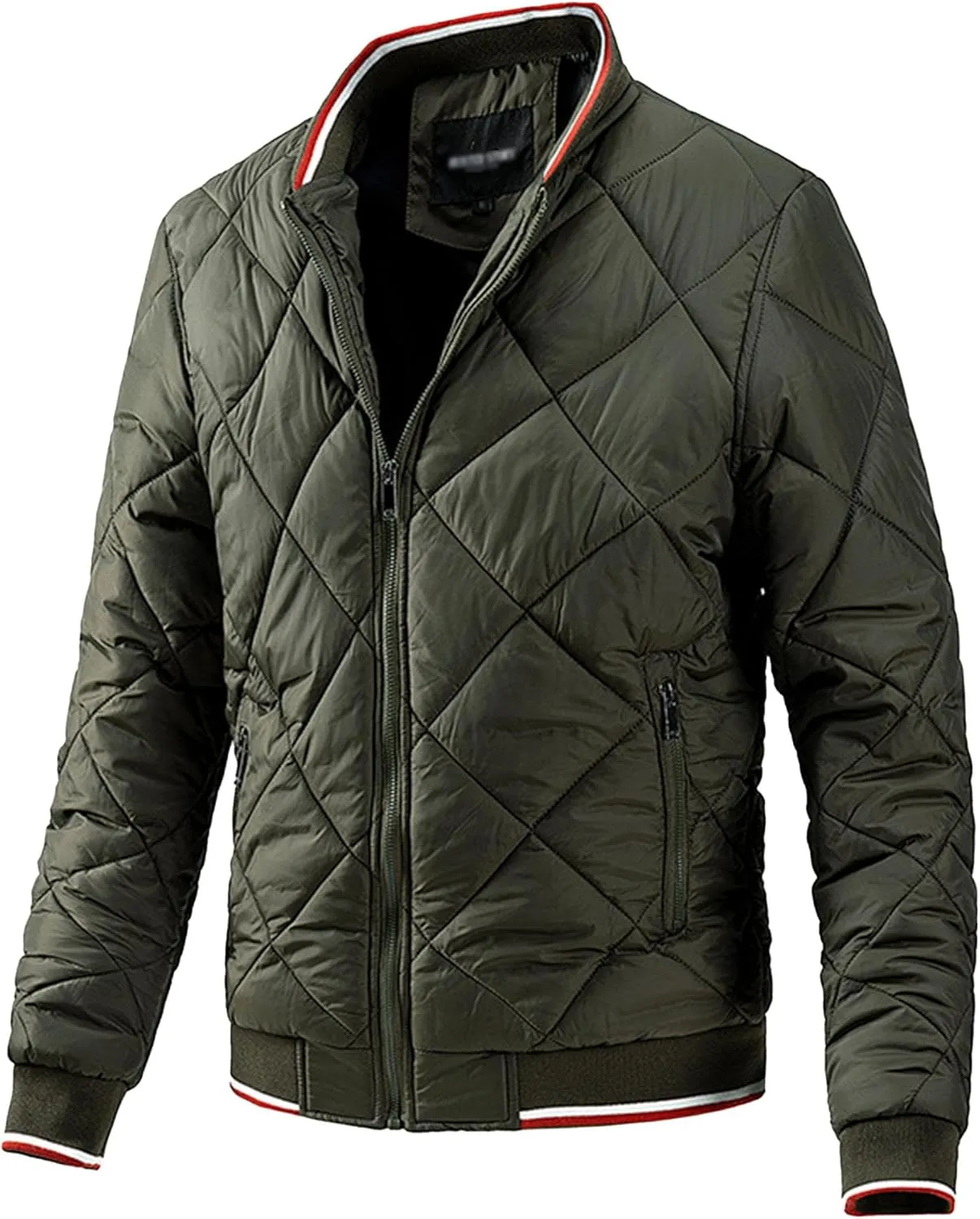Men's Zip Up Diamond Bomber Jackets Lightweight Casual Cotton Quilted Jacket Warm Padded Coat with Zipper Pocket