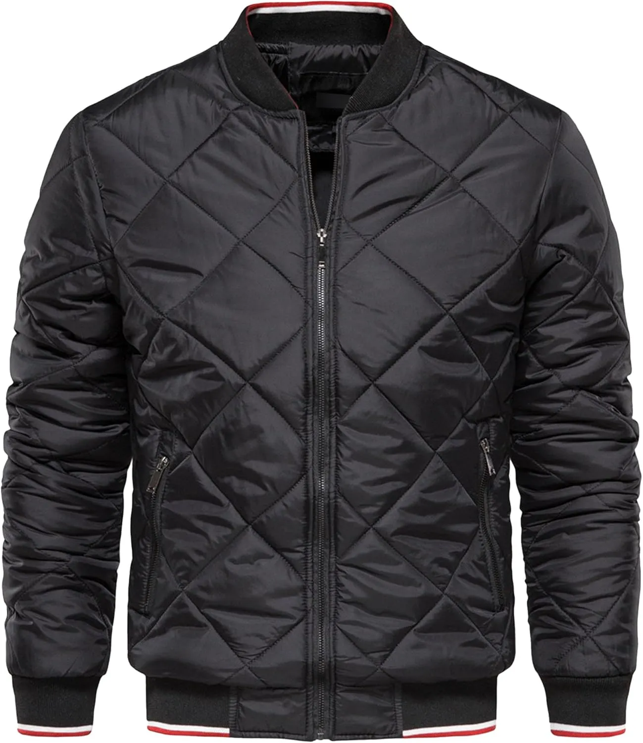 Men's Zip Up Diamond Bomber Jackets Lightweight Casual Cotton Quilted Jacket Warm Padded Coat with Zipper Pocket