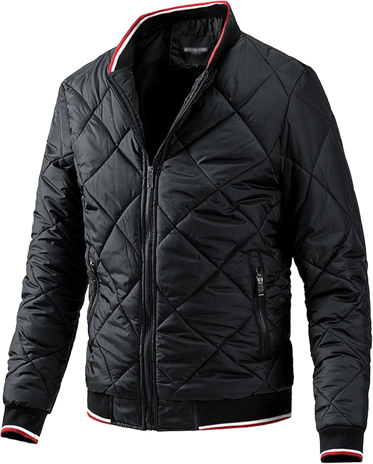 Men's Zip Up Diamond Bomber Jackets Lightweight Casual Cotton Quilted Jacket Warm Padded Coat with Zipper Pocket