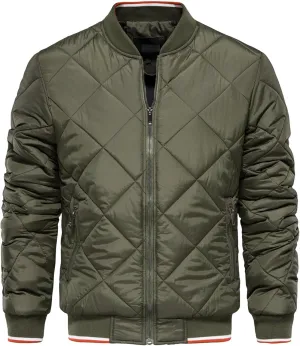 Men's Zip Up Diamond Bomber Jackets Lightweight Casual Cotton Quilted Jacket Warm Padded Coat with Zipper Pocket