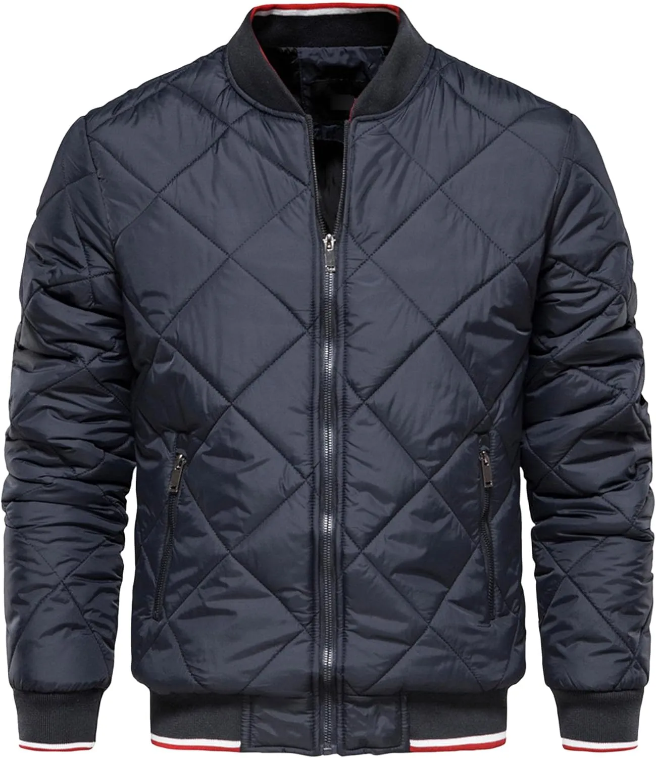 Men's Zip Up Diamond Bomber Jackets Lightweight Casual Cotton Quilted Jacket Warm Padded Coat with Zipper Pocket