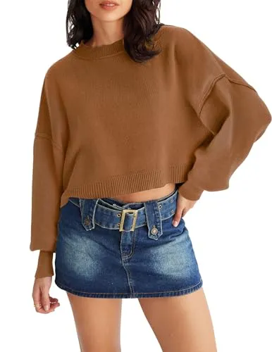 MEROKEETY Womens Cropped Sweaters Causal Crewneck Batwing Sleeve Knit Top Side Split Oversized Pullover Sweater Jumper Brown Large