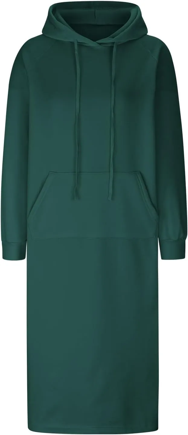 Midi Dresses for Women Plus Size Casual Fashion Long Sleeve V-Neck Soft Solid Colour Hooded Loose Holiday Dresses