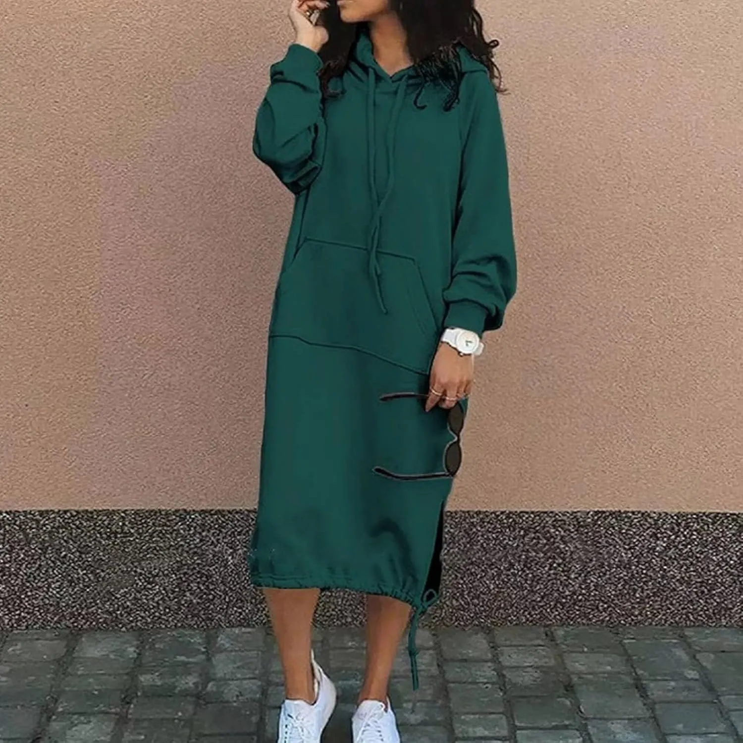 Midi Dresses for Women Plus Size Casual Fashion Long Sleeve V-Neck Soft Solid Colour Hooded Loose Holiday Dresses