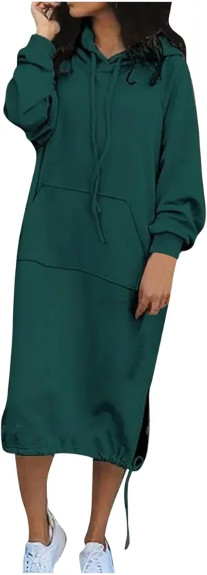 Midi Dresses for Women Plus Size Casual Fashion Long Sleeve V-Neck Soft Solid Colour Hooded Loose Holiday Dresses