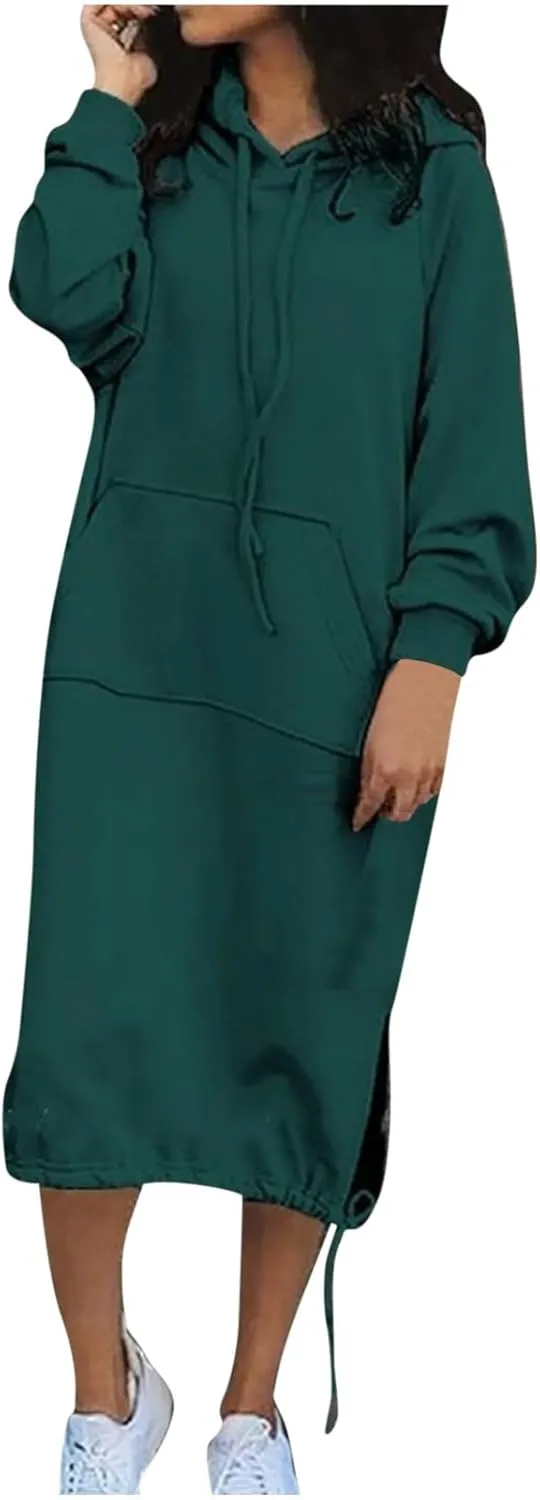 Midi Dresses for Women Plus Size Casual Fashion Long Sleeve V-Neck Soft Solid Colour Hooded Loose Holiday Dresses