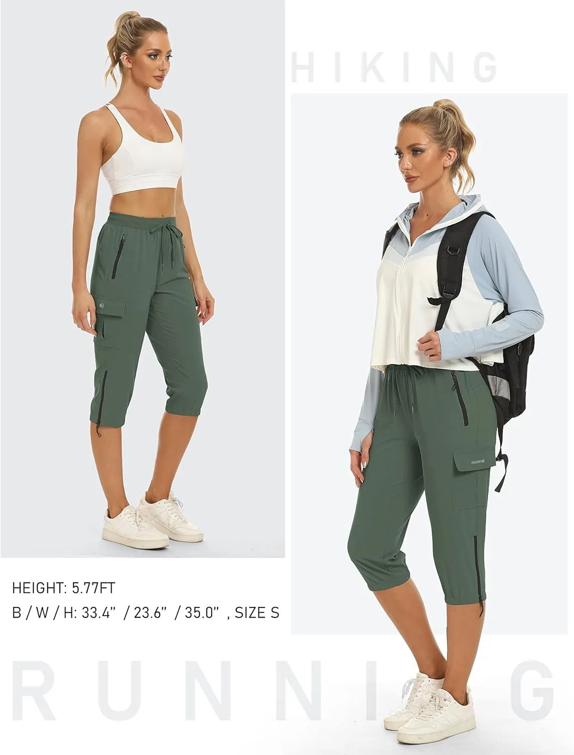MoFiz Women's Capris Cargo Hiking Pants Lightweight Quick Dry Outdoor Athletic Running Sports Travel Summer Zipper Pockets