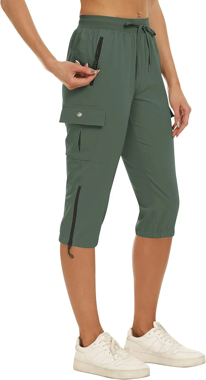 MoFiz Women's Capris Cargo Hiking Pants Lightweight Quick Dry Outdoor Athletic Running Sports Travel Summer Zipper Pockets