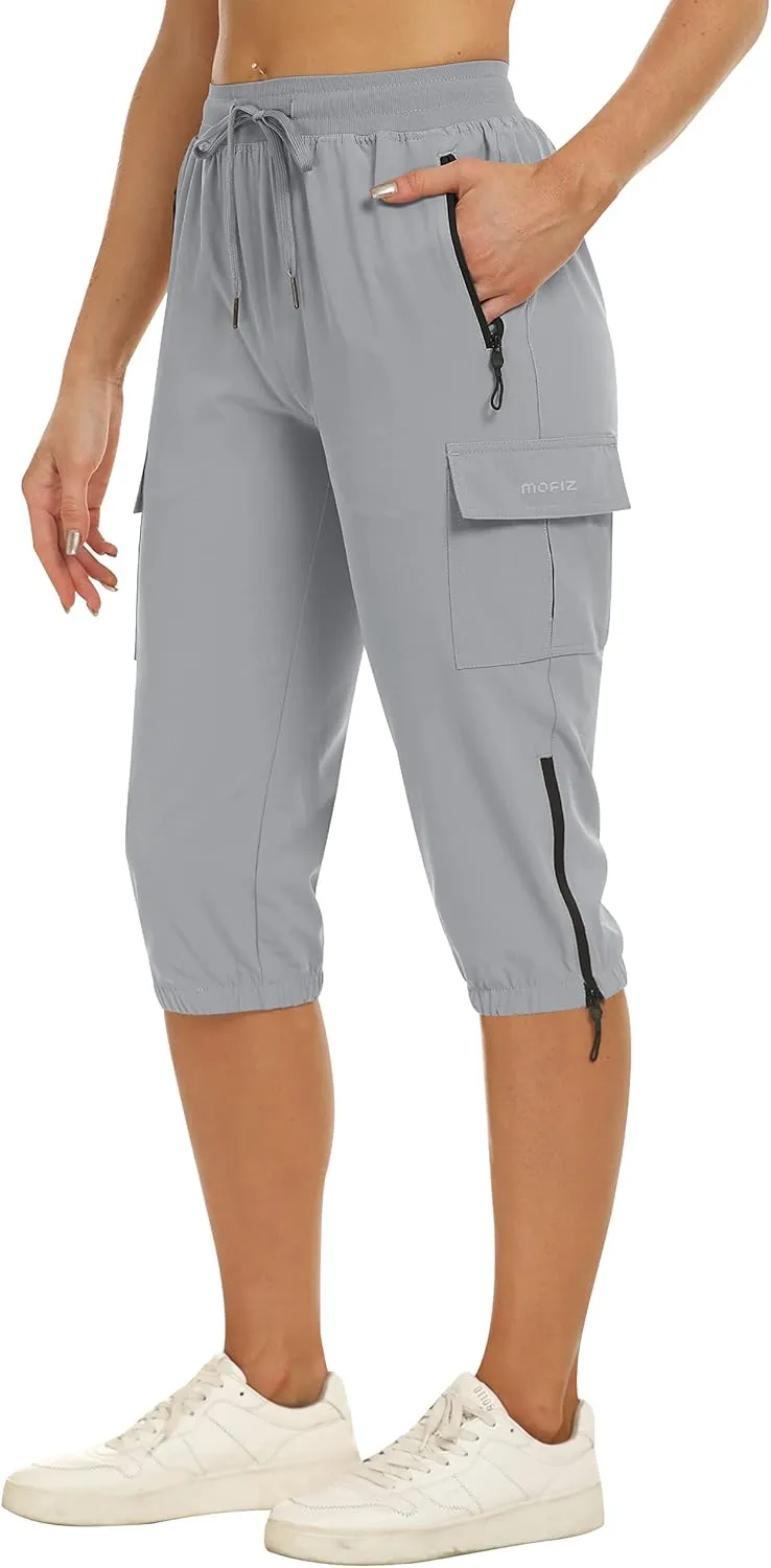 MoFiz Women's Capris Cargo Hiking Pants Lightweight Quick Dry Outdoor Athletic Running Sports Travel Summer Zipper Pockets